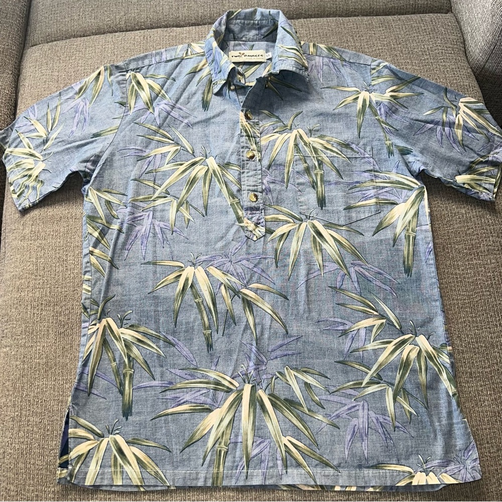 Two paddles Hawaiian Shirt Mens Size Small blue reversed aloha print bamboo luau